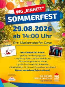 Read more about the article Großes WG „EINHEIT“ Sommerfest in der Markersdorfer Oase am 29. August 2026