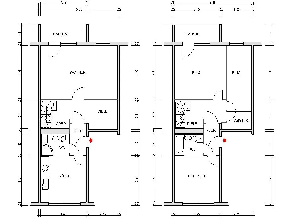 Grundriss bemaßt - Maisonette mit 4 Zimmer, 2 Bäder und 2 Balkone