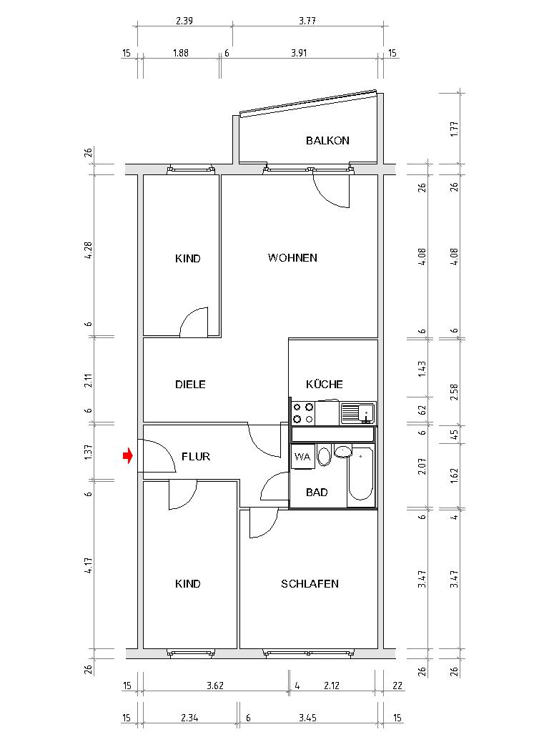 Grundriss bemaßt - 4-Raum-Wohnung in guter Lage!