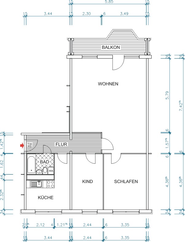Grundriss bemaßt - 3 Zimmer mit großartigem Ausblick