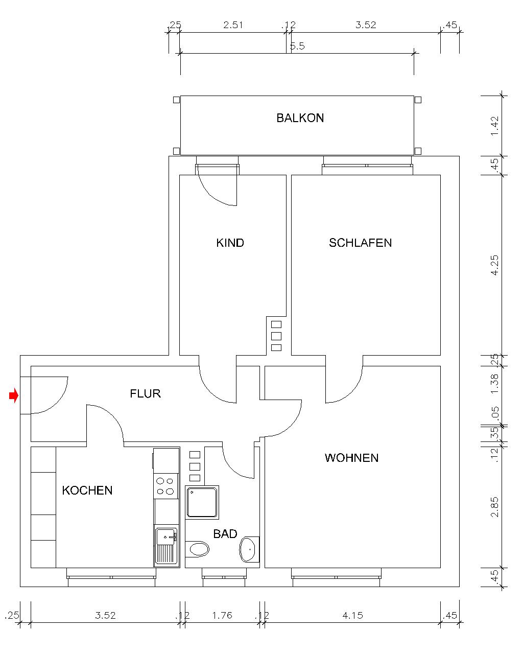 Floor plan with dimensions - *NEW* 3-room apartment in a quiet neighborhood in Altchemnitz, yet still close to downtown!