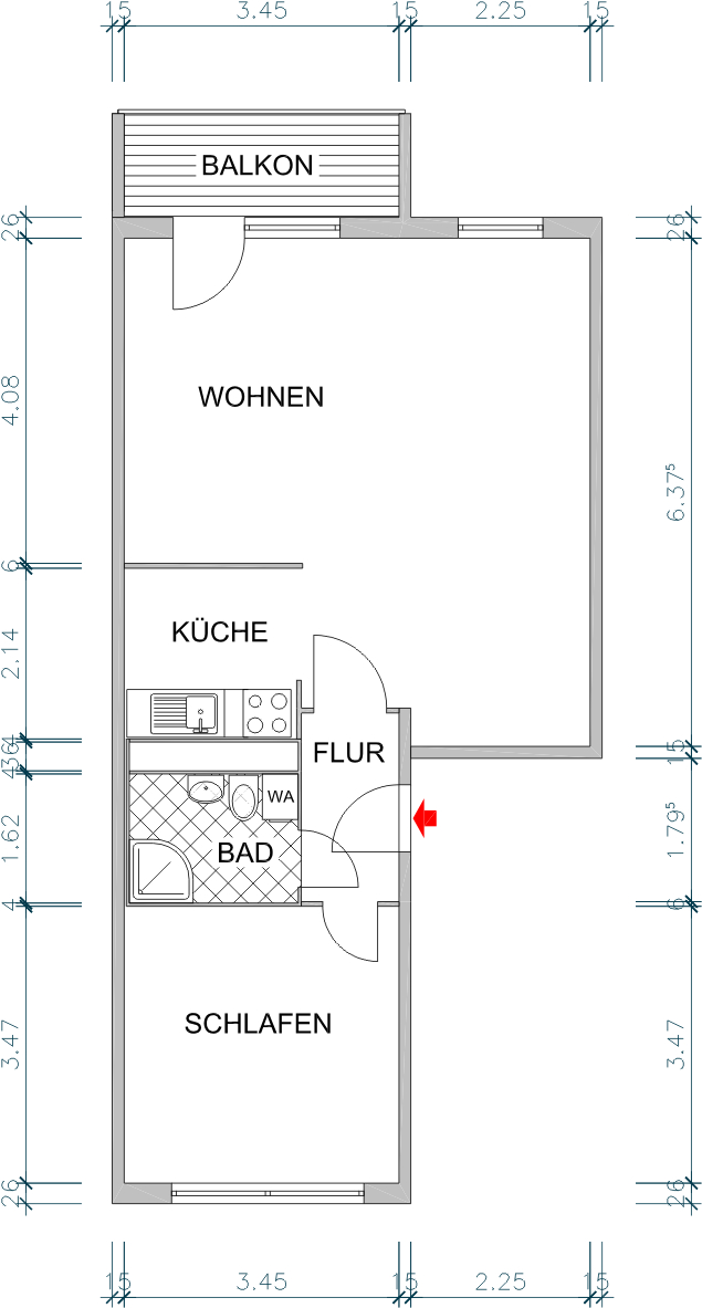 Floor plan with dimensions - 2 bedrooms, balcony, surrounded by nature and shops nearby