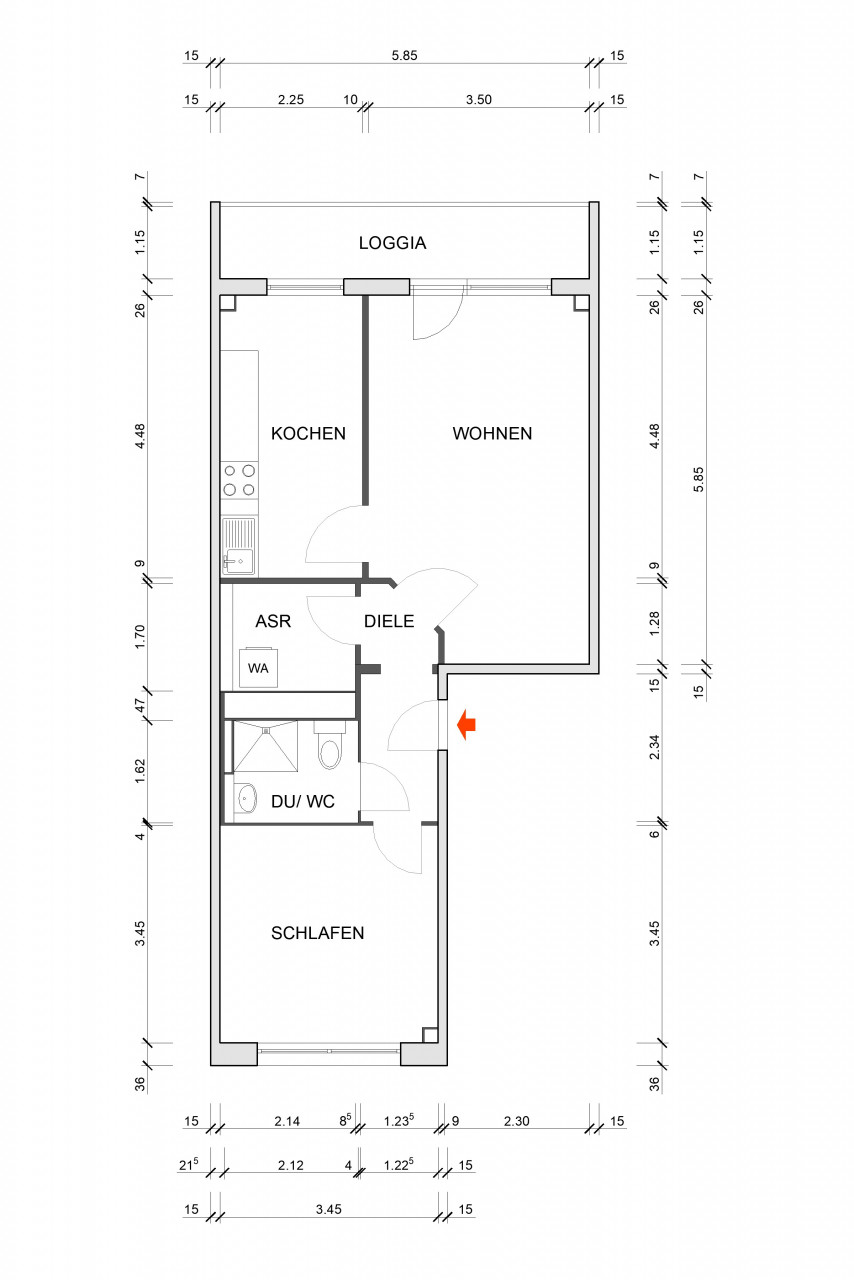 Grundriss bemaßt - 2 Zimmer, großer sonniger Balkon und Tageslichtküche