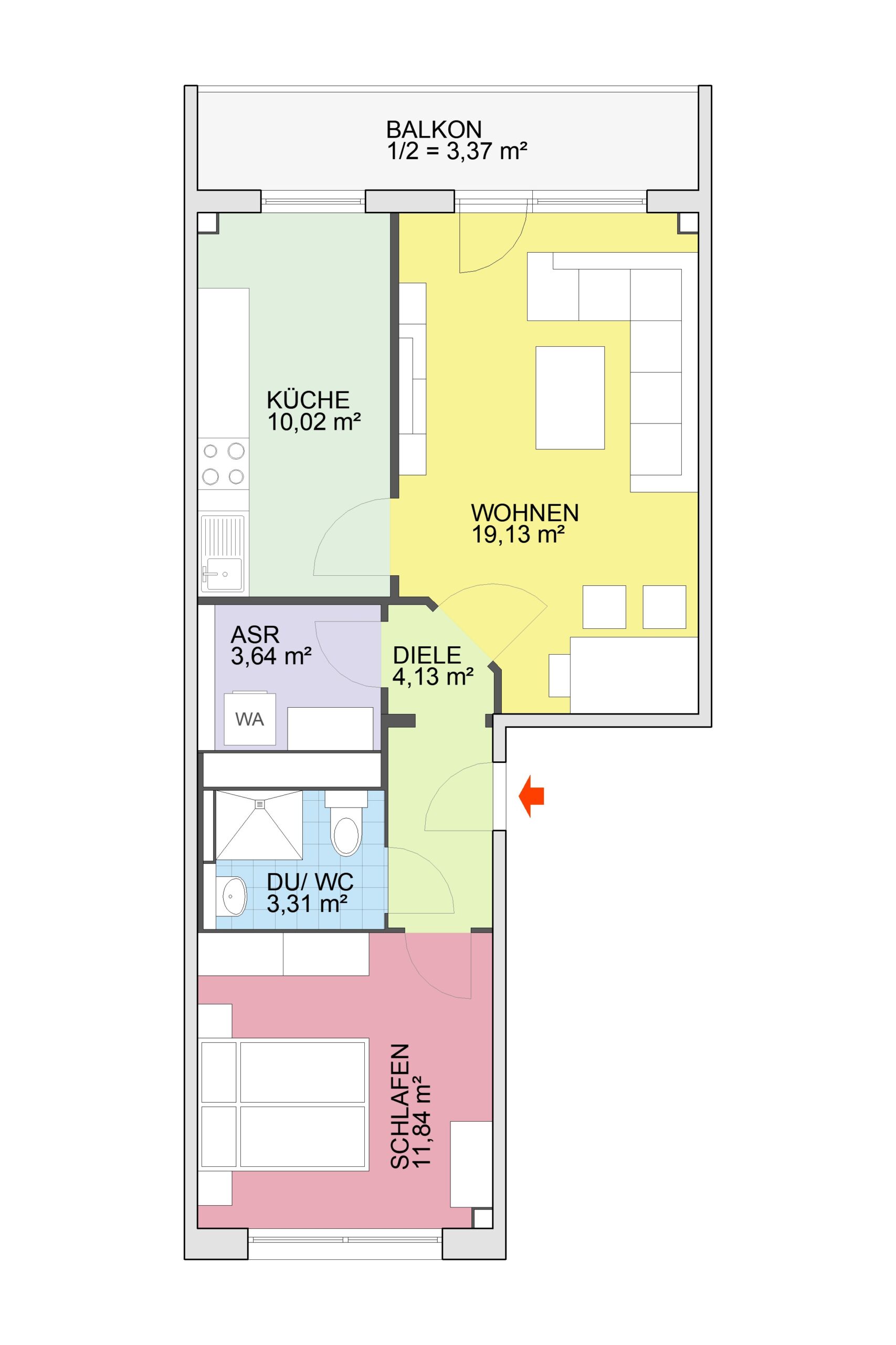 Floor plan - 2 rooms, large sunny balcony and daylight kitchen