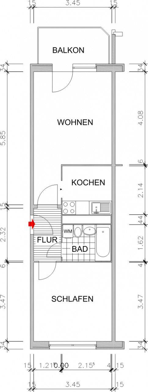 Grundriss bemaßt - Wir renovieren Ihre neue 2-Raum-Wohnung!