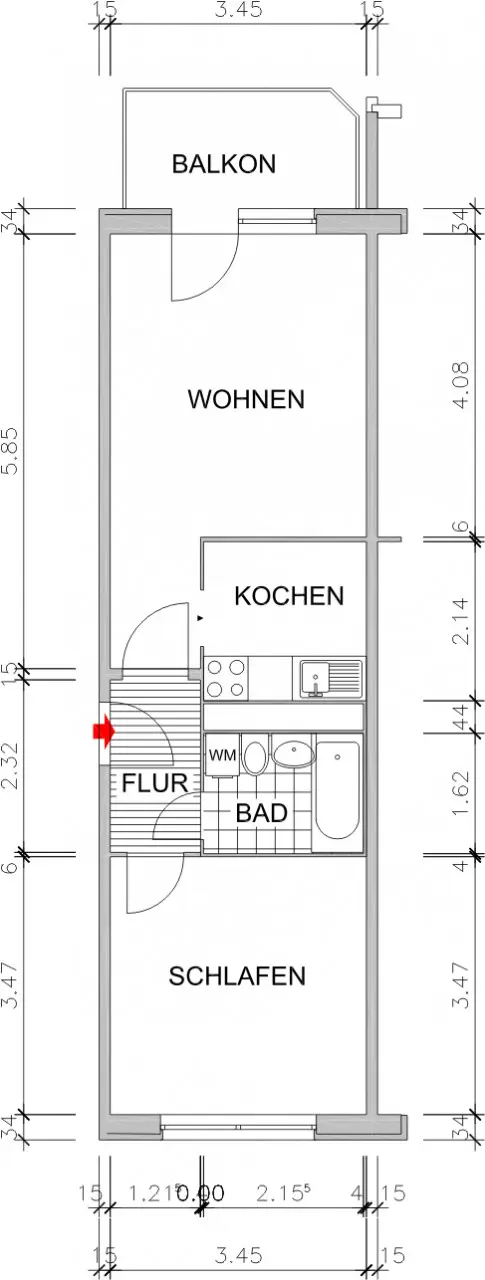 Dimensioned Floor Plan - We'll renovate your new 2-room apartment!