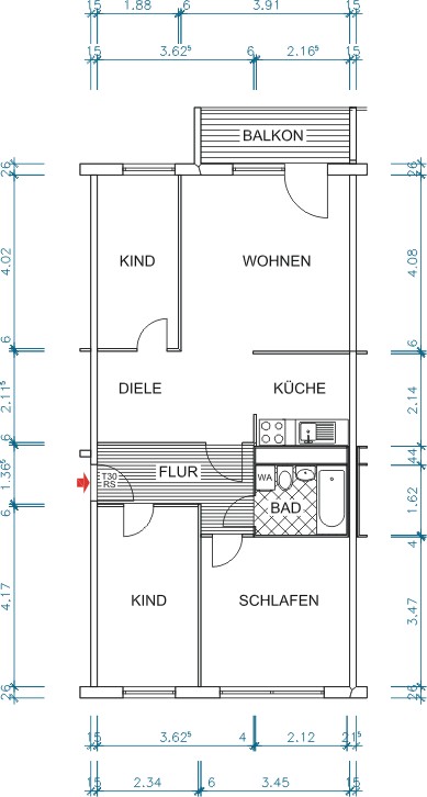 Grundriss bemaßt - 4-Raumwohnung frei!!