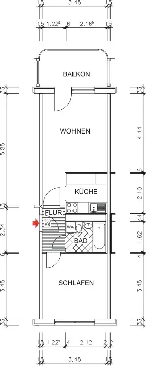 Grundriss bemaßt - 2-Raum-Whg. mit Erzgebirgsblick