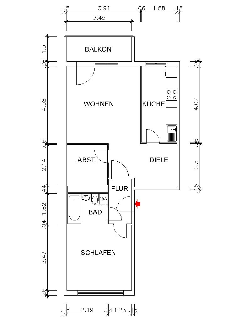 Grundriss bemaßt - WOHNRAUM muss NICHT teuer SEIN – – – Küche mit Fenster – – – 2 Zimmer * Beste Aussichten