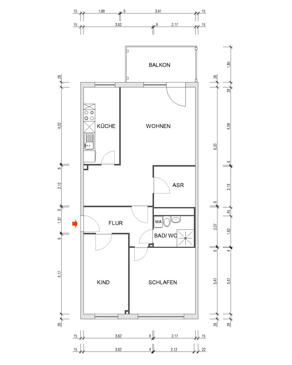 Grundriss bemaßt - 2-Raum-Wohnung in guter Lage