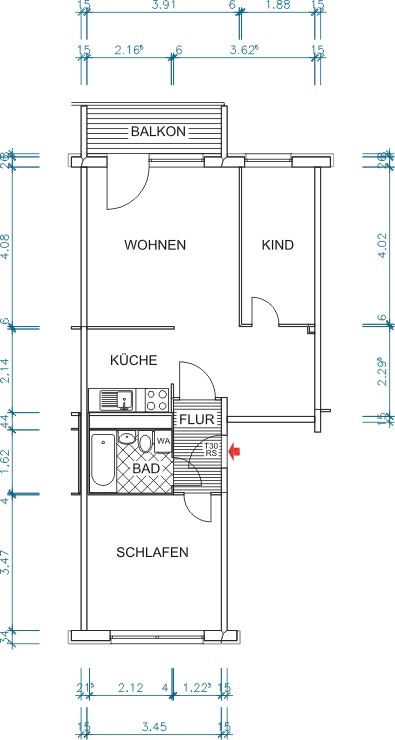 Grundriss bemaßt - KLASSIKER sterben nie AUS !!!! 3-Raum-Wohnung in familienfrdl. Wohnumfeld