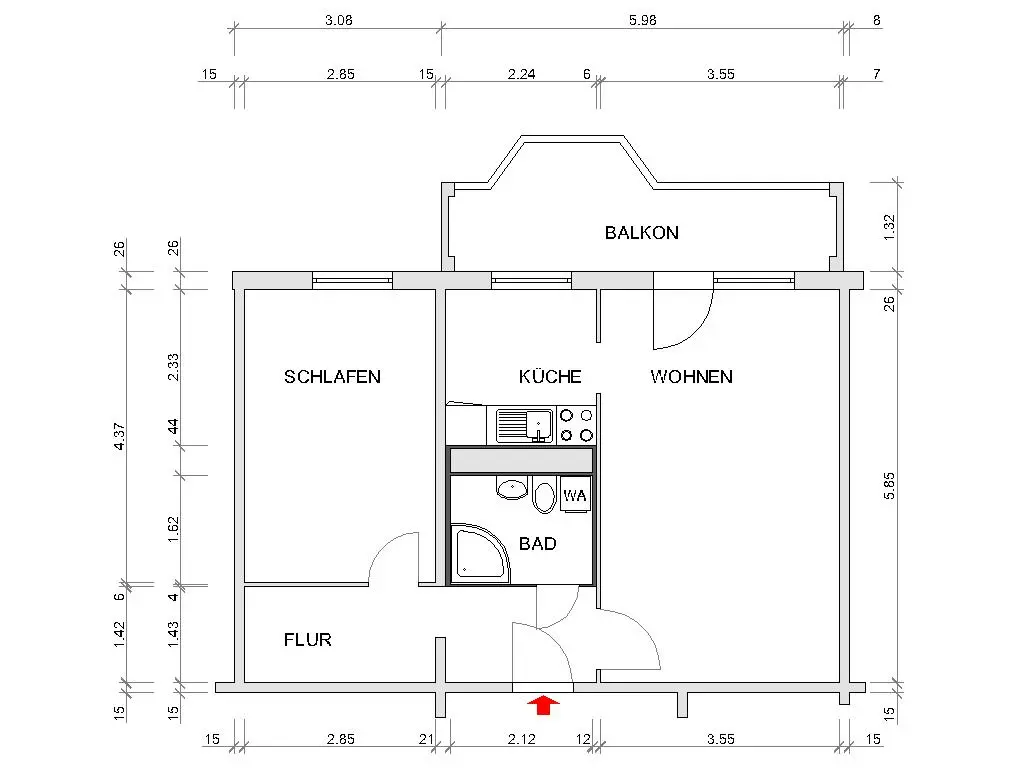 Dimensioned floor plan - 2 rooms, large sunny balcony and daylight kitchen