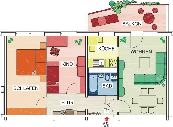 Grundriss - 3 Zimmer, großer sonniger Balkon und Tageslichtküche