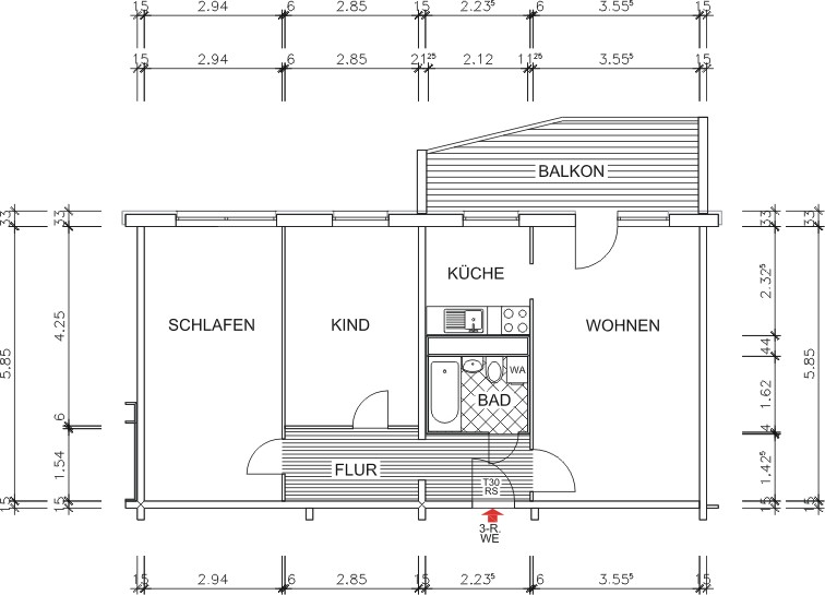 Grundriss bemaßt - 3 Zimmer, großer sonniger Balkon und Tageslichtküche