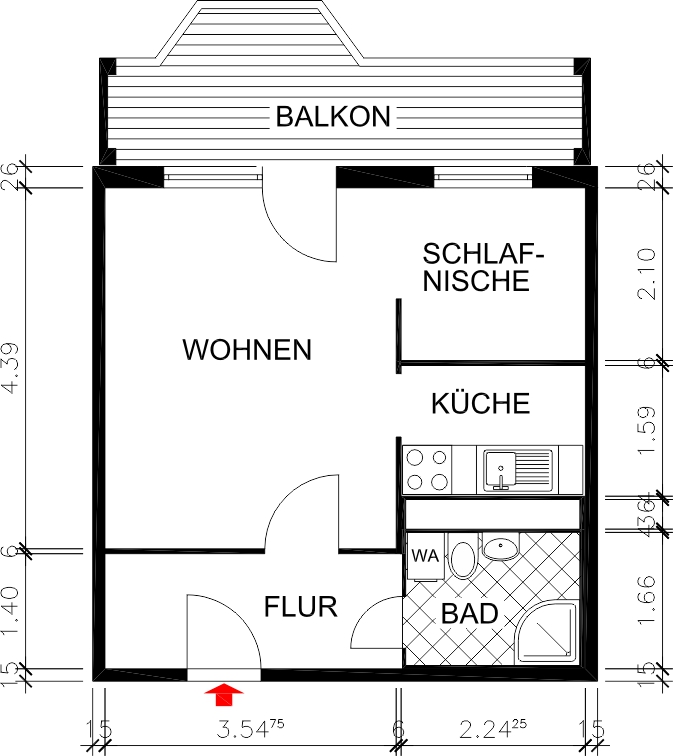 Grundriss bemaßt - ++ Sofort bezugsfertig ++ 1-Raum Wohnung mit EBK und bodengleicher Dusche