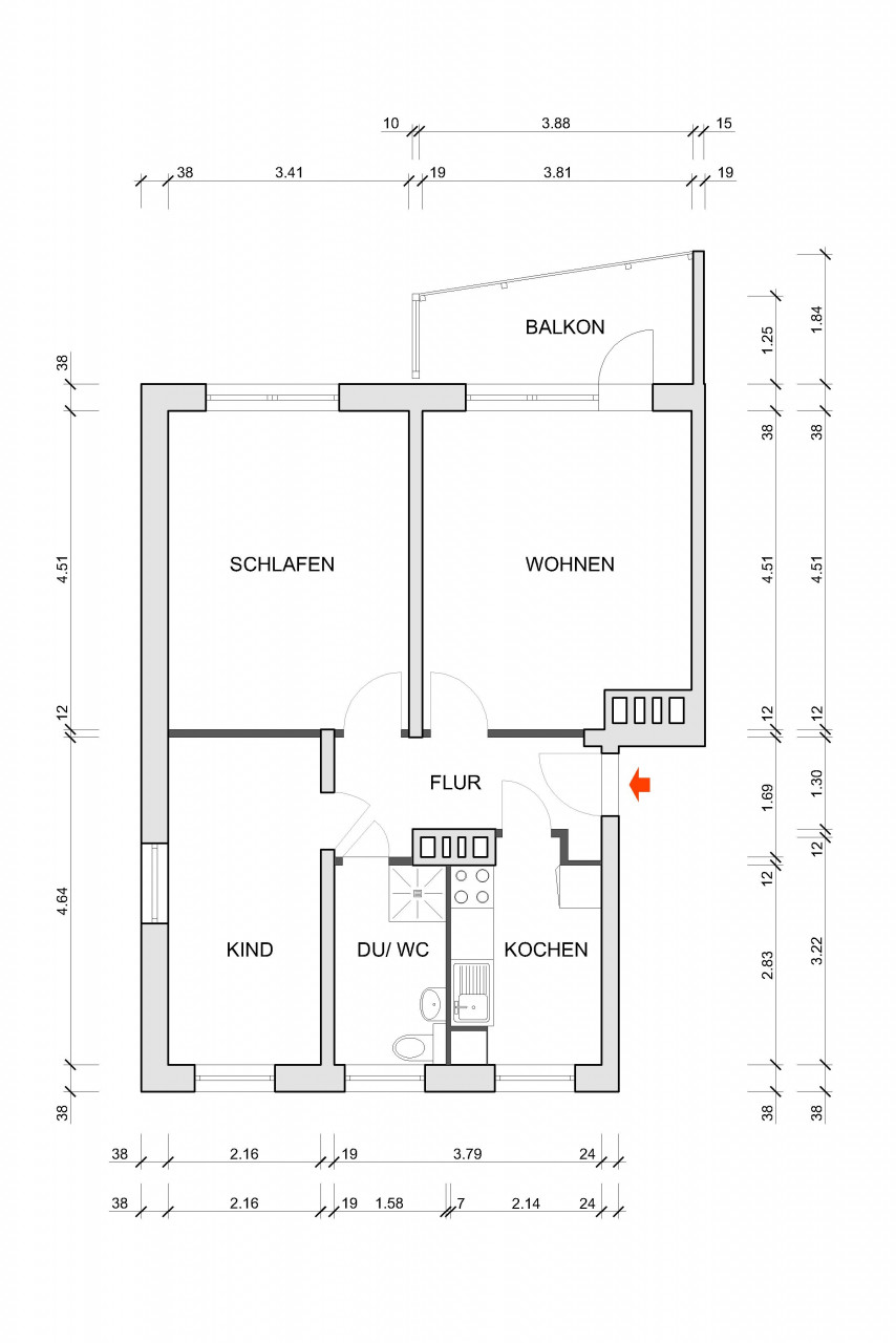 Grundriss bemaßt - Kultur braucht Raum! 3-Zimmer für deine Ideen.