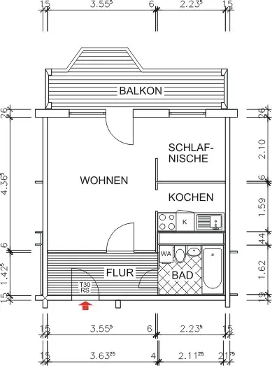 Grundriss bemaßt - 1-Zimmer-Apartment mit traumhaftem Ausblick