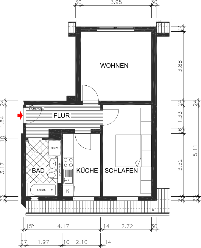 Grundriss bemaßt - 2-Raum-Whg. in der grünen Siedlung Eisenweg
