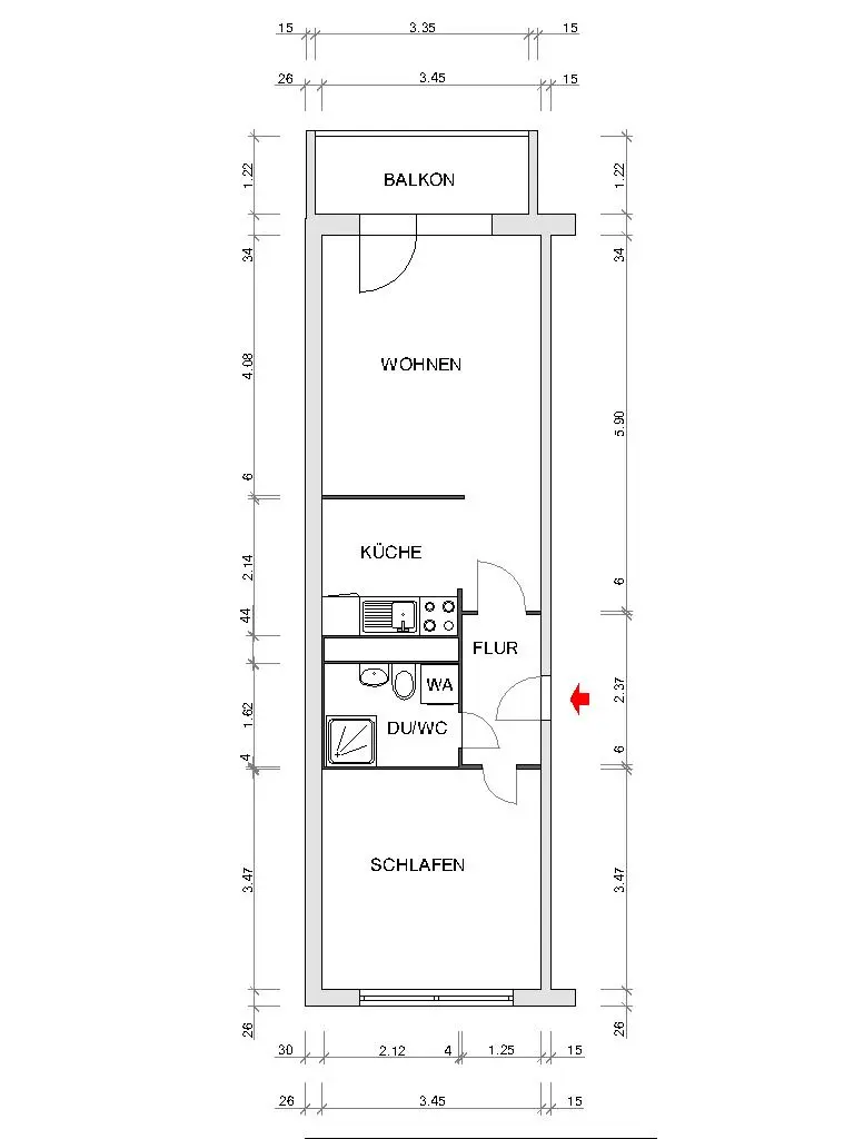 Grundriss bemaßt - 2-Raum Wohnung zum Wohlfühlen in Hutholz