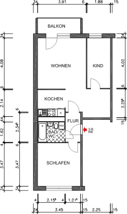 Floor plan dimensioned - small, fine 3-room apartment