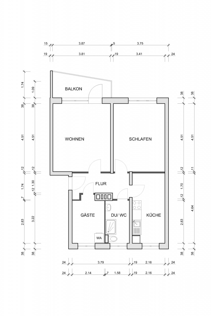 Grundriss bemaßt - Schick, neu, innenstadtnah – 3-Zimmer-Wohnung in grüner Umgebung