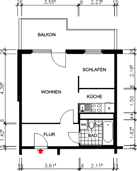 Grundriss bemaßt - *1-Raum Whg. mit Balkon und Aufzug*