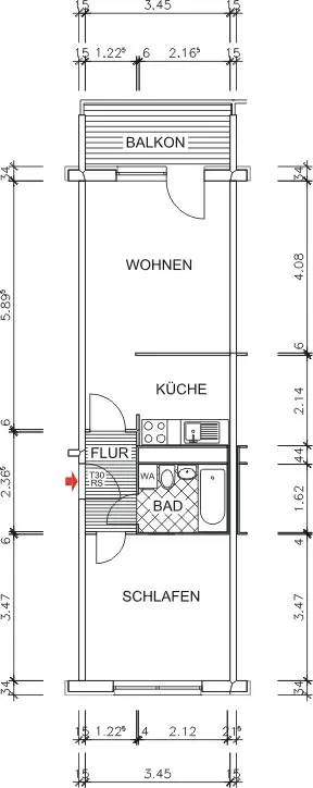 Grundriss bemaßt - Wir Modernisieren! Individualisieren Sie Ihre neue 2-Raum-Wohnung!