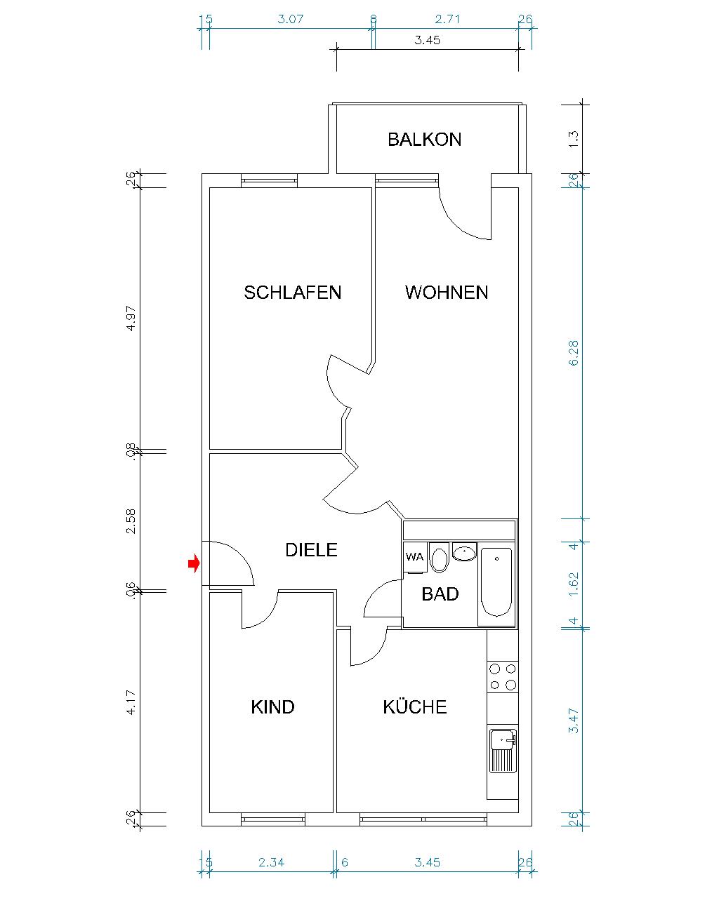 Grundriss bemaßt - Attraktive 3-Raum-Wohnung mit Einbauküche in der Nähe vom Vita-Center