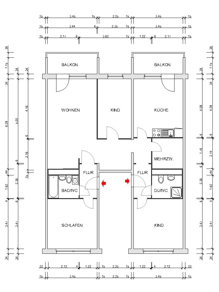 Grundriss bemaßt - Familienfreundliche 4-Raum-Wohnung mit 2 Bädern und viel Abstellfläche