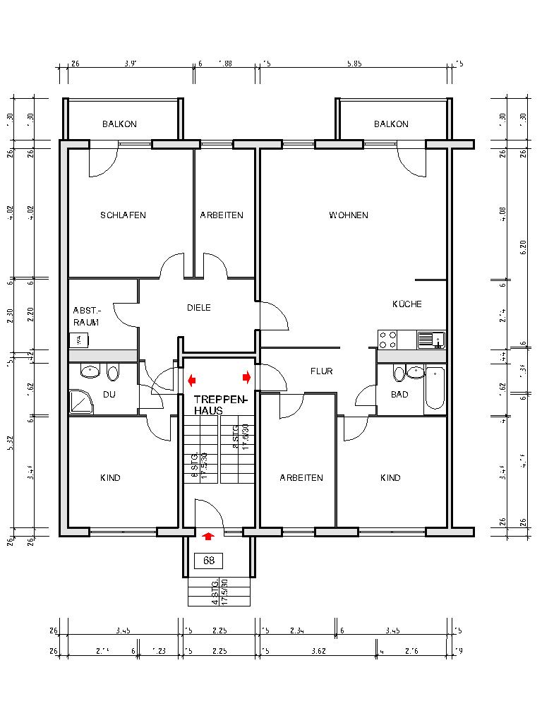 Grundriss bemaßt - Großzügige Etagenwohnung in Hutholz