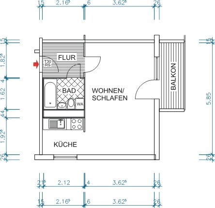 Grundriss bemaßt - Schöne 1-Raumwohnung mit offenem Grundriss und Ausblick