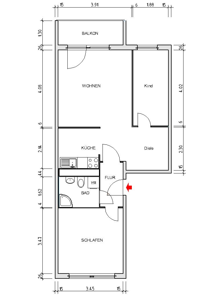 Grundriss bemaßt - !!NEU!! Schöne 3-Raum-Wohnung im Chemnitzer Süden
