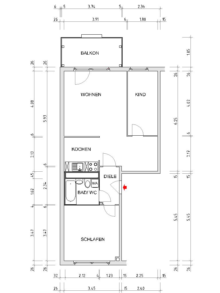 Grundriss bemaßt - !!NEU!! Schöne 3-Raum-Wohnung im Chemnitzer Süden