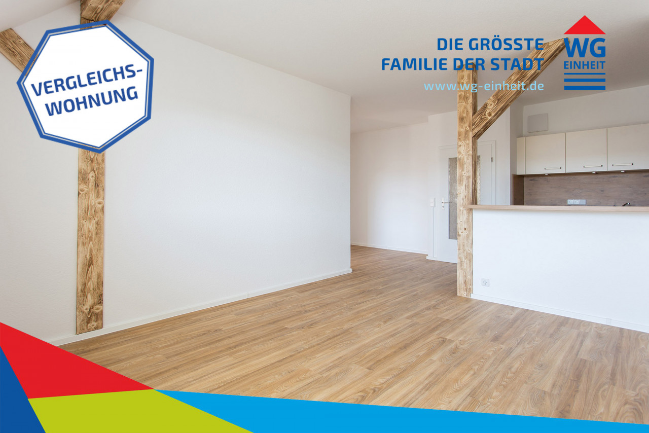 Beispiel Wohnzimmer mit Dachgeschossoptik und Einbauküche - 3-Raum Whg. wird für Sie neu saniert !
