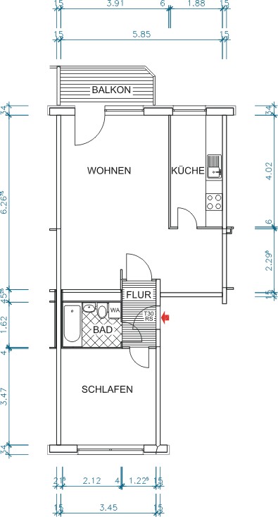 Grundriss bemaßt - Möblierte Wohnung – perfekt für Pendler oder Studierende