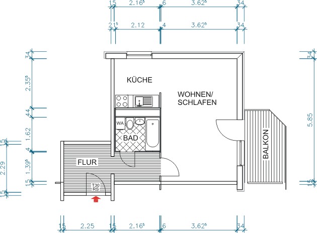 Grundriss bemaßt - 1-Raum-Wohnung mit riesigem Balkon zum Bestpreis!