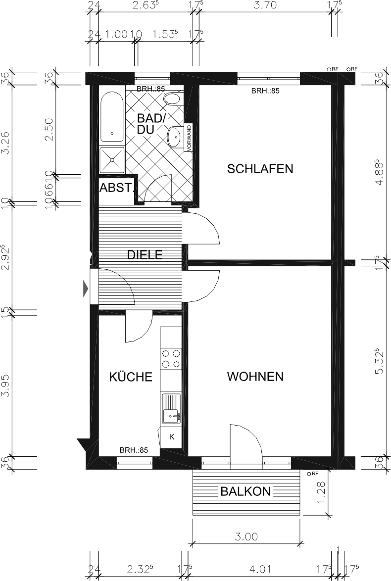 Grundriss bemaßt - 2-Raum-Wohnung in guter Lage