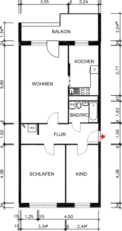 Grundriss bemaßt - Mit Einbauküche! 3-Raum-Wohnung zum sofortigen Einzug