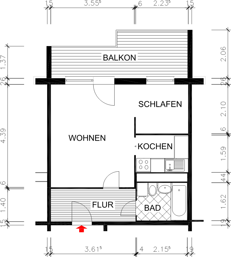 Floor plan dimensioned - 1-room apartment with huge balcony at the best price!
