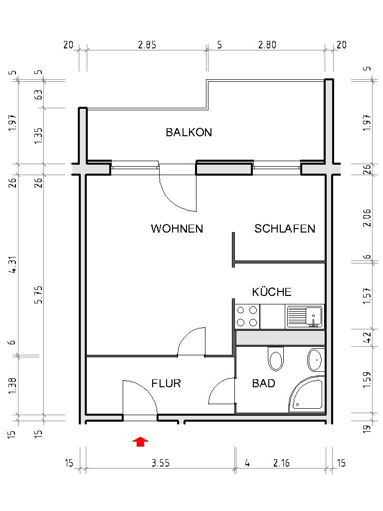 Grundriss bemaßt - 1-Raum-Wohnung mit riesigem Balkon zum Bestpreis!