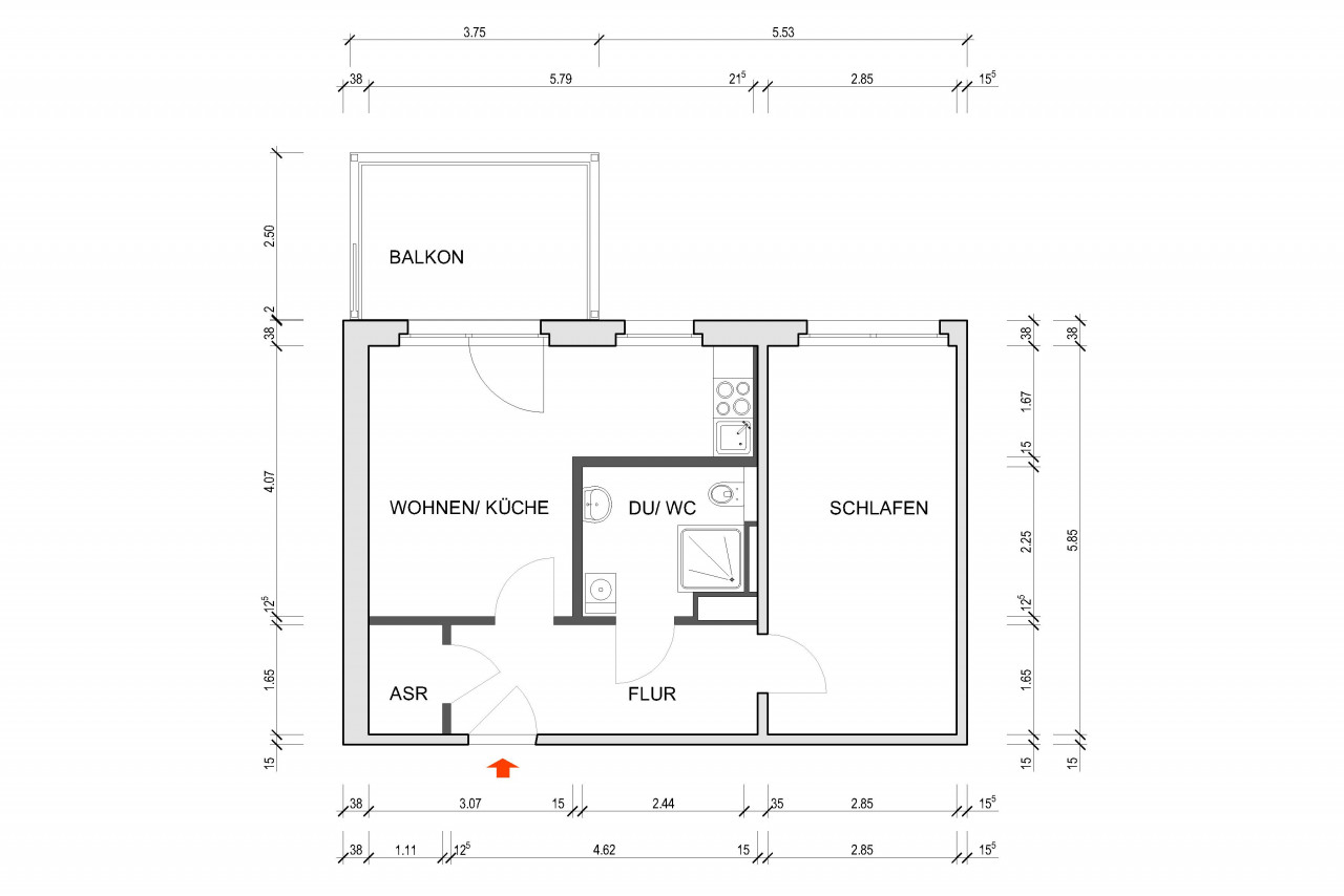 Floor plan dimensioned - New build - Attractive barrier-free 2-room apartment