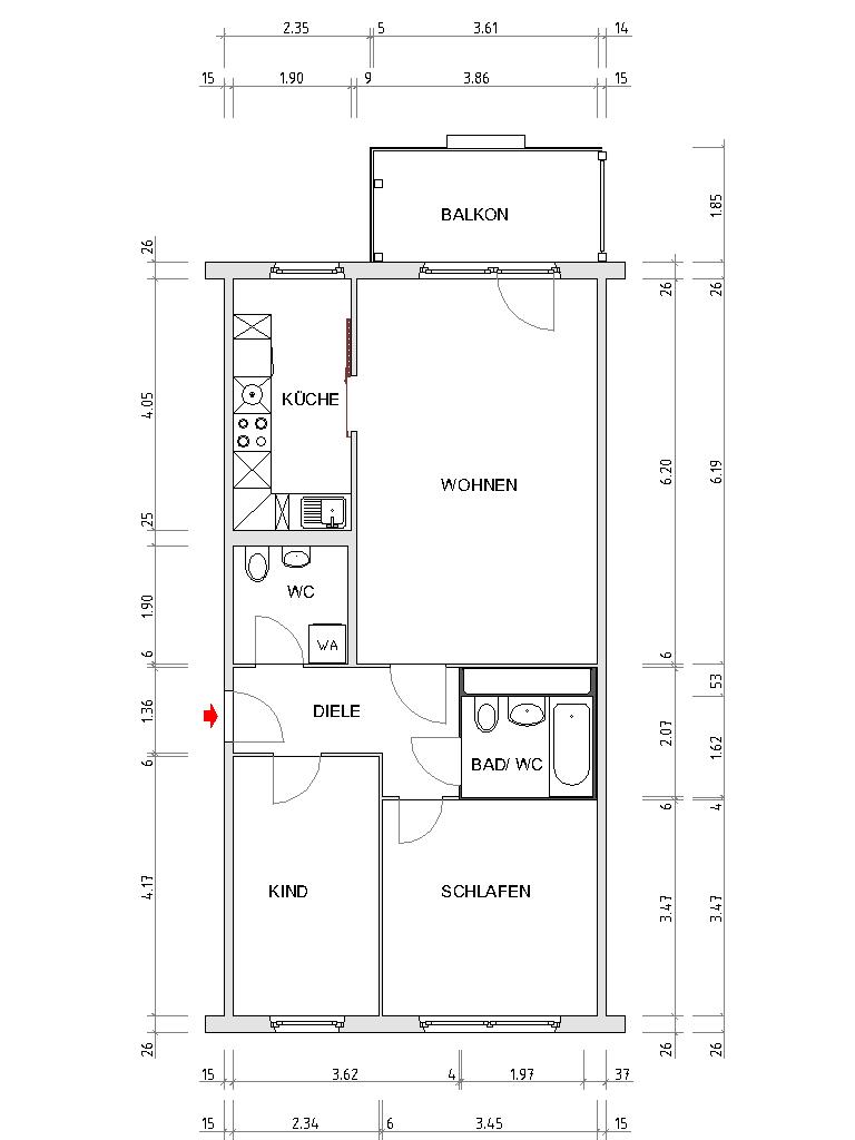 Grundriss bemaßt - Einbauküche, modernes Bad, Gästetoilette, schöner Balkon