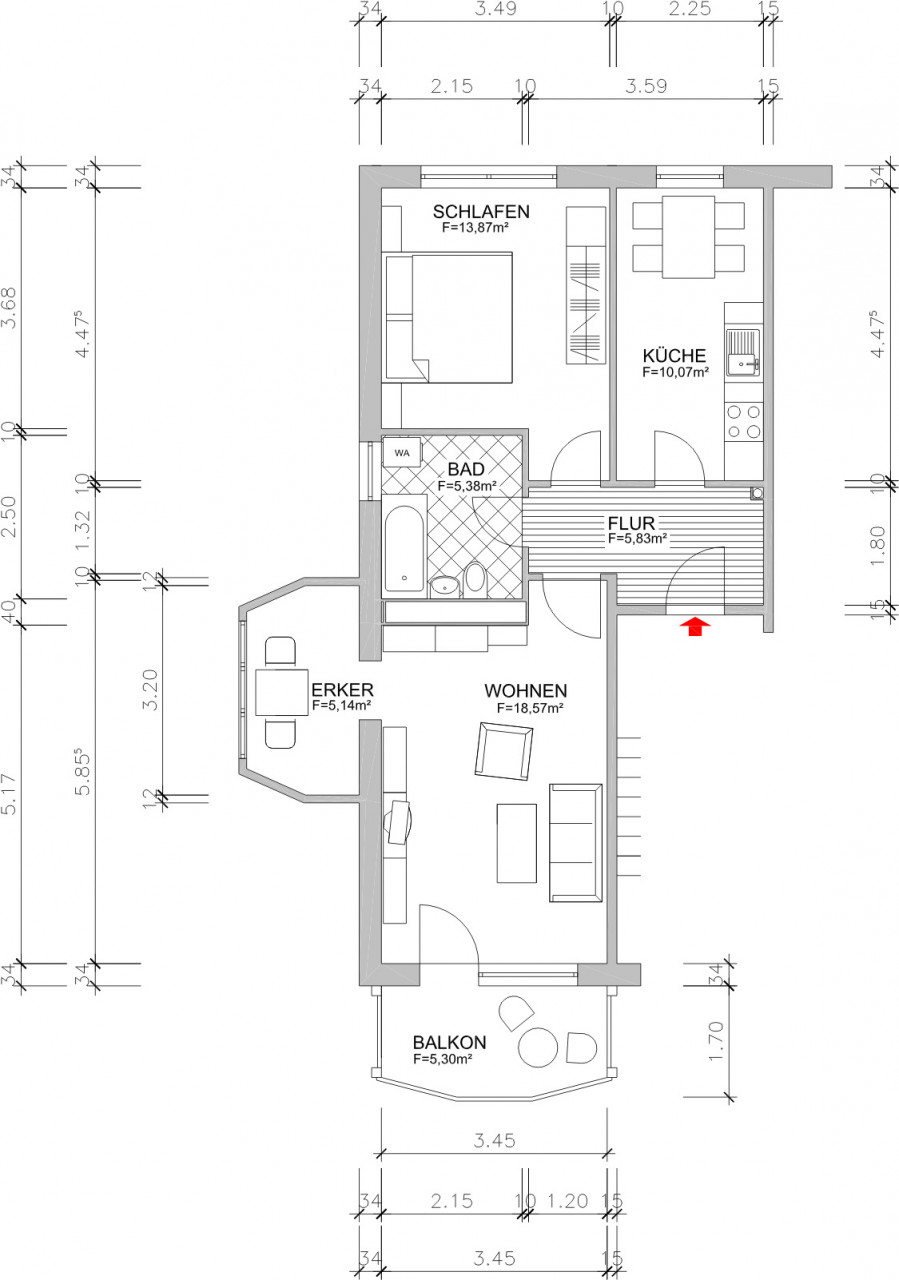 Floor plan dimensioned - Chic 2-room apartment with daylight kitchen and bathroom