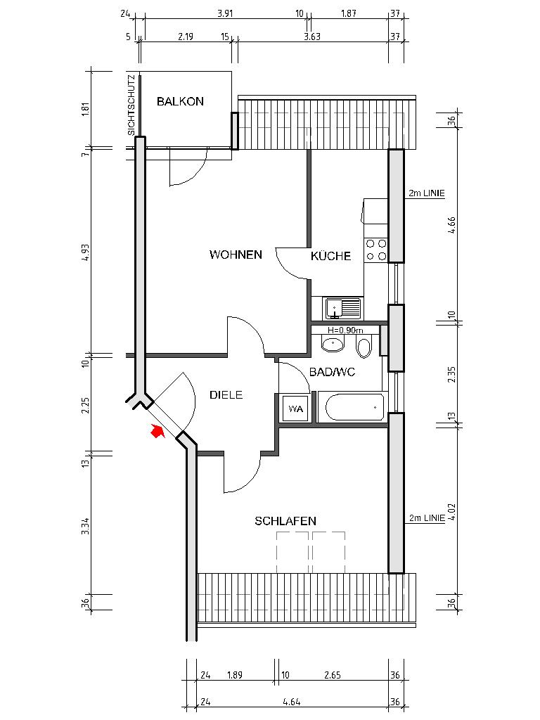 Grundriss bemaßt - *schöne 2-Raum Whg. in grüner Lage sucht neue Mieter*