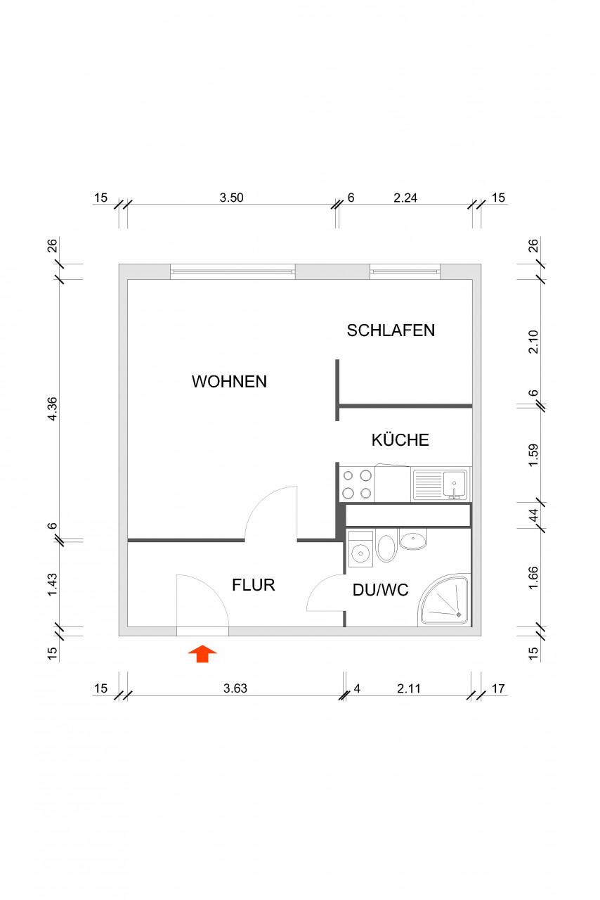 Floor plan dimensioned - 1-room apartment - small and fine