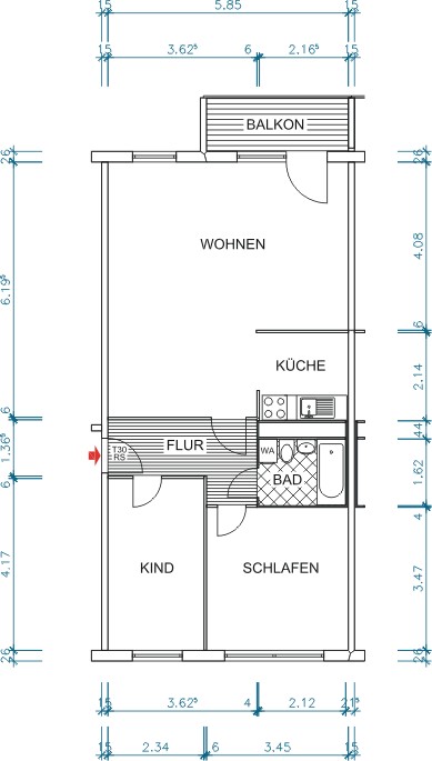 Grundriss bemaßt - SO wohnt nicht jeder! – 3-Raum-Whg. mit schönem Grundriss in Markersdorf!