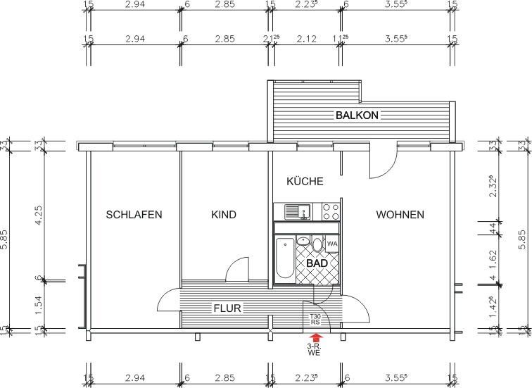 Grundriss bemaßt - !!NEU!! sonnige 3-Raum-Wohnung im Chemnitzer Süden!!