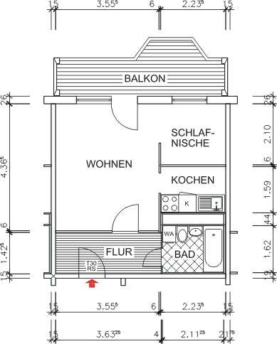 Grundriss bemaßt - 1-Raum-Wohnung mit riesigem Balkon zum Bestpreis!