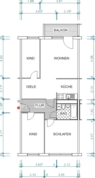 Floor plan dimensioned - 4-room apartment at the top