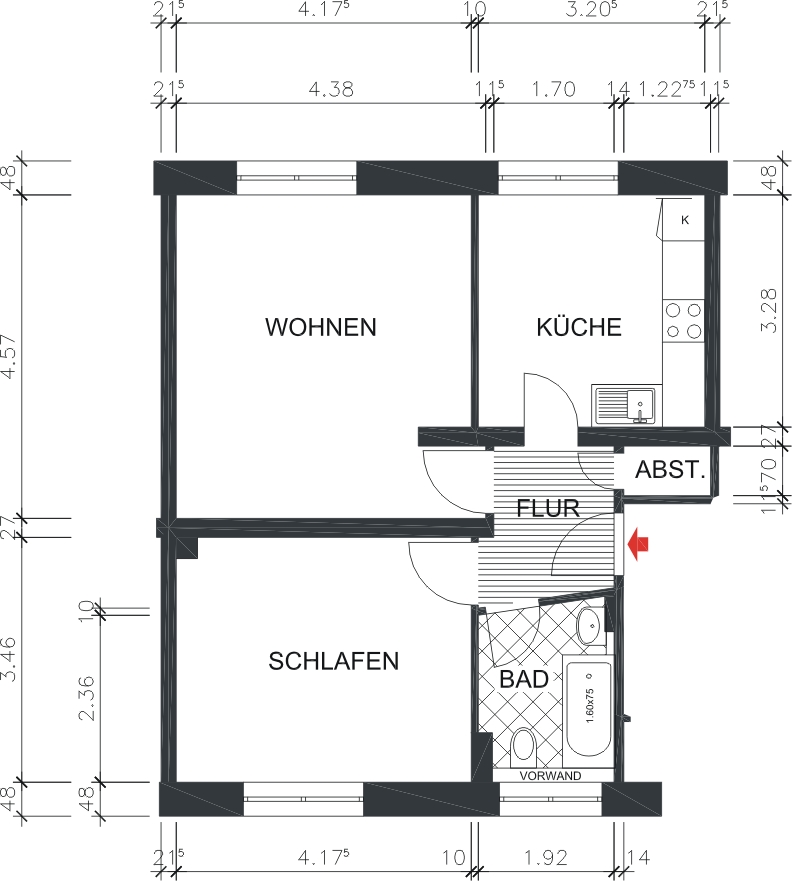 Grundriss bemaßt - !!NEU!! Gemütliche 2-Raum-Whg. mit Blick ins Grüne in Stadtparknähe!